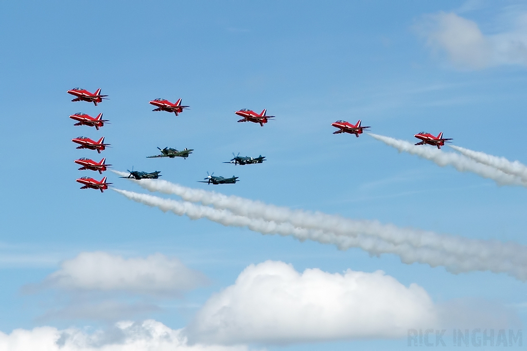 British Aerospace Hawk T1 - The Red Arrows + Hawker Hurricane MkII - LF363 + Supermarine Spitfire PR19 - PS853 + PM631 + PS915 - RAF