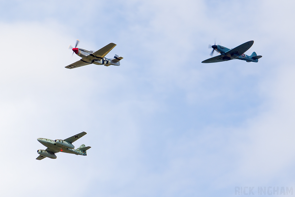 Texas Airplane Factory Me-262A - D-IMTT ("501244") - German Air Force + North American P-51D Mustang - 44-13779/WD-C (G-CMDK) - USAF + Supermarine Spitfire PR19 - PS853/G-RRGN - RAF