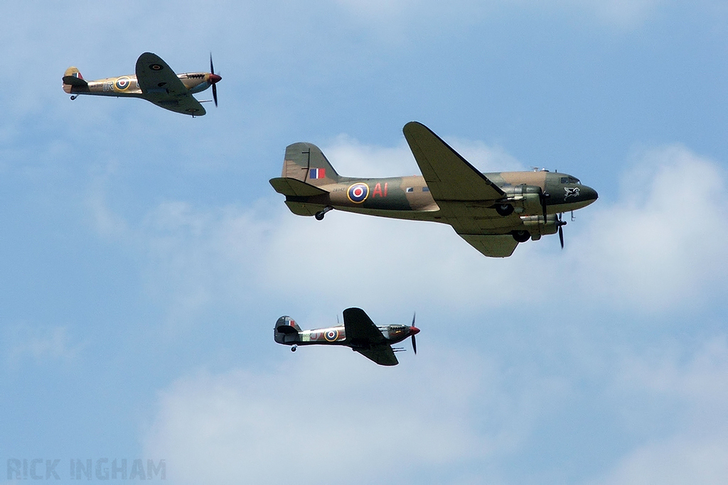 Supermarine Spitfire Vb - AB910 + Douglas DC-3 Dakota - ZA947 + Hawker Hurricane Mk.IIC - PZ865 - RAF