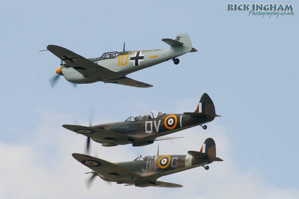 Hispano Buchon - 10 Yellow/G-AWHK + Supermarine Spitfire X4474/QV-I + BM597/JH-C - RAF